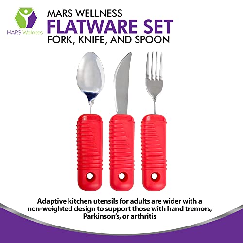 3 Piece Super Easy Grip Red Flatware Set - Bendable Built Up Large Fork, Knife, and Spoon by Mars Wellness