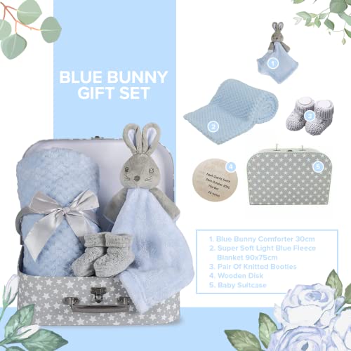 Baby Boy Gift Set New Born Baby Gifts Baby Blue Bunny Security Blanket Soft Fleece, Suitcase Keepsake Box Blanket Booties & Baby Gift Basket â Unique Present for Baby Shower & Newborn Lovey Welcome from Hoolaroo