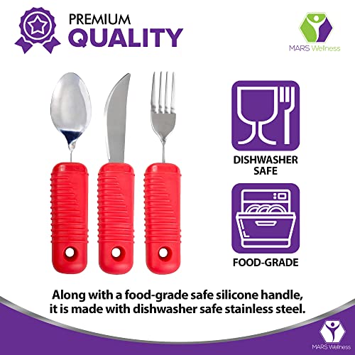 3 Piece Super Easy Grip Red Flatware Set - Bendable Built Up Large Fork, Knife, and Spoon by Mars Wellness