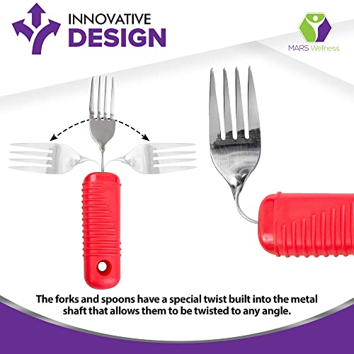 3 Piece Super Easy Grip Red Flatware Set - Bendable Built Up Large Fork, Knife, and Spoon by Mars Wellness