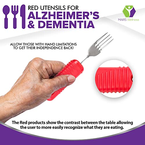 3 Piece Super Easy Grip Red Flatware Set - Bendable Built Up Large Fork, Knife, and Spoon by Mars Wellness