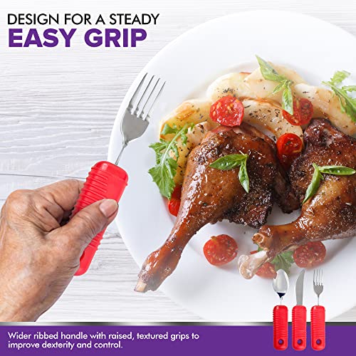 3 Piece Super Easy Grip Red Flatware Set - Bendable Built Up Large Fork, Knife, and Spoon by Mars Wellness