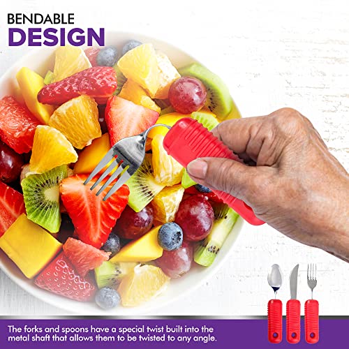 3 Piece Super Easy Grip Red Flatware Set - Bendable Built Up Large Fork, Knife, and Spoon by Mars Wellness