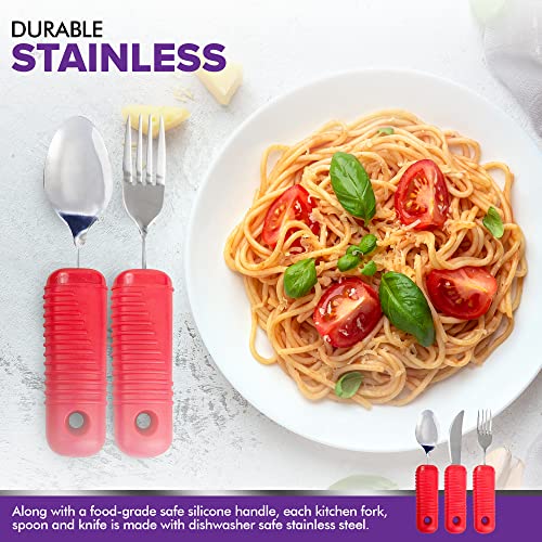 3 Piece Super Easy Grip Red Flatware Set - Bendable Built Up Large Fork, Knife, and Spoon by Mars Wellness