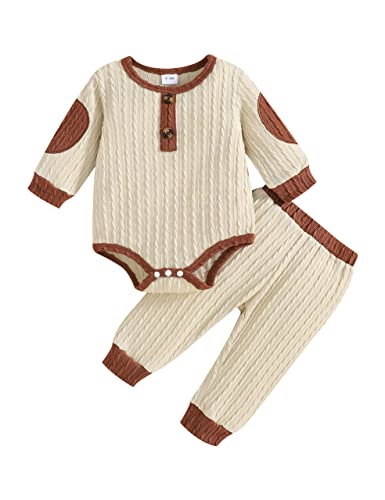 Newborn Baby Boy Clothes Long Sleeve Bodysuit Romper Solid Pants Infant Fall Winter Outfits (Apricot, 3-6 Months) by 