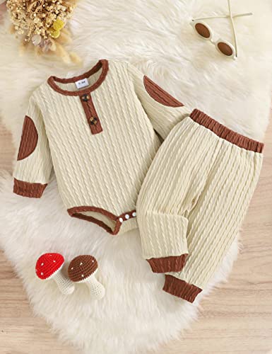 Newborn Baby Boy Clothes Long Sleeve Bodysuit Romper Solid Pants Infant Fall Winter Outfits (Apricot, 3-6 Months) by 