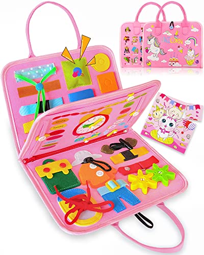 Exorany Busy Board Montessori Toys for 1 2 3 4 Year Old Girls & Boys Gifts, Sensory Toys for Toddlers 1-3, Autism Educational Travel Toys, Preschool Activities for Learning Fine Motor Skills (Pink) from Exorany