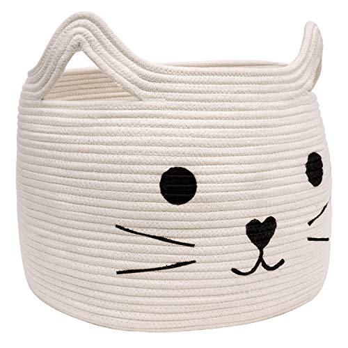 HiChen Large Woven Cotton Rope Storage Basket, Laundry Basket Organizer for Towels, Blanket, Toys, Clothes, Gifts | Pet Gift Basket for Cat, Dog - 15.7" LÃ11.8" H by 