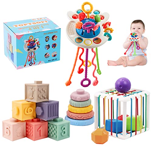 4 in 1 Baby Toys 6to12-18 Months, Pull String Baby Teething Toys, Stacking Building Blocks Infant Toys 3-6-9-12 M+, Color Shape Bin Sensory Toys, Montessori Toys for 1-3 Year Old Boy and Girl Gift by TOPTSOFI