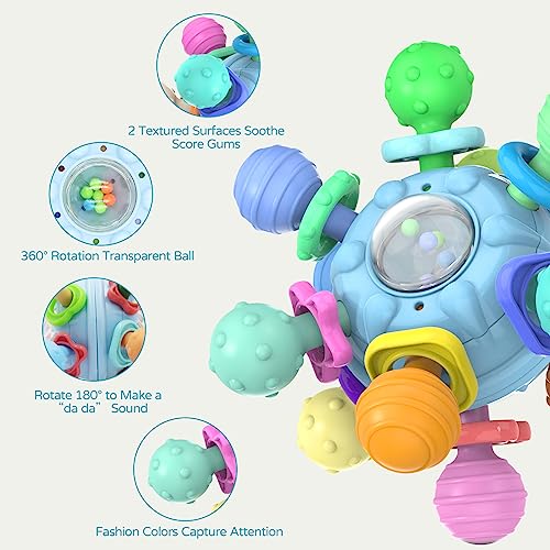 Baby Sensory Teething Teether Toys: Teething Toys for Babies 0-6 Months | Baby Teething Toys 6 to 12 Months Baby Teething Ball Toy 0-3 Month Rattle Sensory Infant Toys for 0-3-6-12 Months Baby (Blue) by Shantou ZengYi Technology Co., Ltd