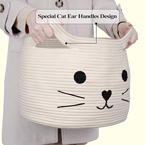 HiChen Large Woven Cotton Rope Storage Basket, Laundry Basket Organizer for Towels, Blanket, Toys, Clothes, Gifts | Pet Gift Basket for Cat, Dog - 15.7" LÃ11.8" H by 