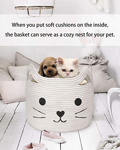 HiChen Large Woven Cotton Rope Storage Basket, Laundry Basket Organizer for Towels, Blanket, Toys, Clothes, Gifts | Pet Gift Basket for Cat, Dog - 15.7" LÃ11.8" H by 