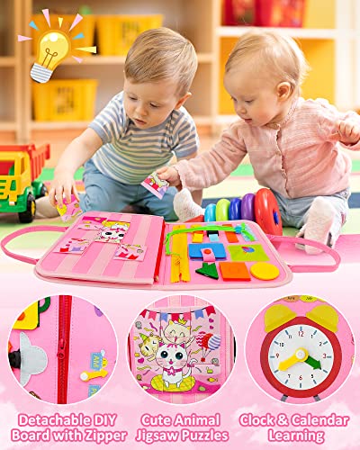 Exorany Busy Board Montessori Toys for 1 2 3 4 Year Old Girls & Boys Gifts, Sensory Toys for Toddlers 1-3, Autism Educational Travel Toys, Preschool Activities for Learning Fine Motor Skills (Pink) from Exorany