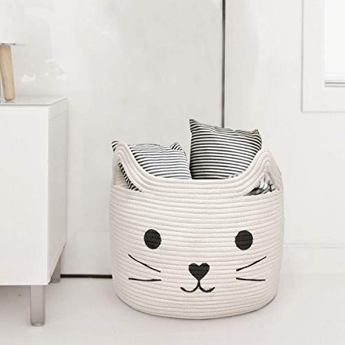 HiChen Large Woven Cotton Rope Storage Basket, Laundry Basket Organizer for Towels, Blanket, Toys, Clothes, Gifts | Pet Gift Basket for Cat, Dog - 15.7" LÃ11.8" H by 
