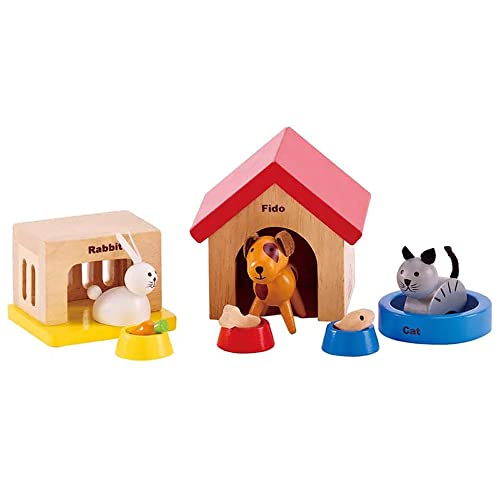 Family Pets Wooden Dollhouse Animal Set by Hape | Complete Your Wooden Dolls House with Happy Dog, Cat, Bunny Pet Set with Complimentary Houses and Food Bowls by Hape