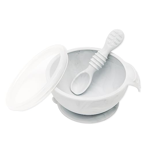 Bumkins Suction Silicone Baby Feeding Set, Bowl, Lid, Spoon, BPA-Free, First Feeding, Baby Led Weaning - Marbled by Bumkins