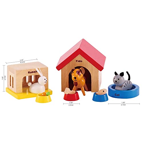 Family Pets Wooden Dollhouse Animal Set by Hape | Complete Your Wooden Dolls House with Happy Dog, Cat, Bunny Pet Set with Complimentary Houses and Food Bowls by Hape