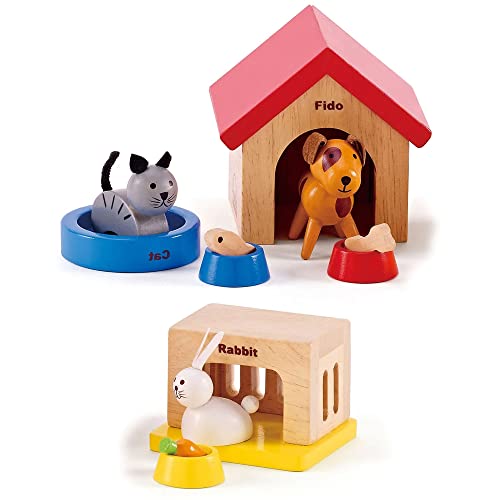 Family Pets Wooden Dollhouse Animal Set by Hape | Complete Your Wooden Dolls House with Happy Dog, Cat, Bunny Pet Set with Complimentary Houses and Food Bowls by Hape