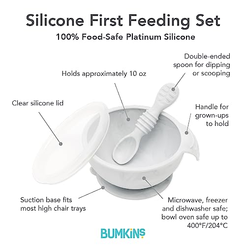 Bumkins Suction Silicone Baby Feeding Set, Bowl, Lid, Spoon, BPA-Free, First Feeding, Baby Led Weaning - Marbled by Bumkins