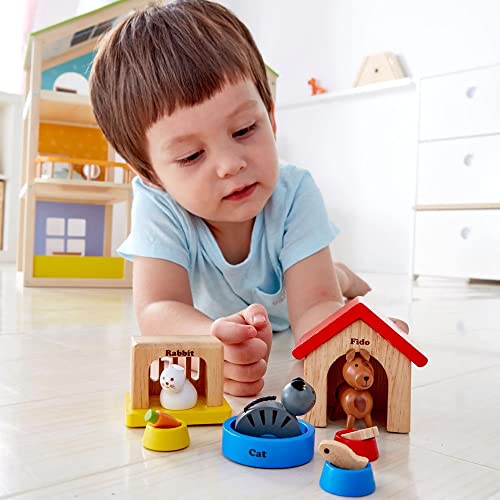 Family Pets Wooden Dollhouse Animal Set by Hape | Complete Your Wooden Dolls House with Happy Dog, Cat, Bunny Pet Set with Complimentary Houses and Food Bowls by Hape