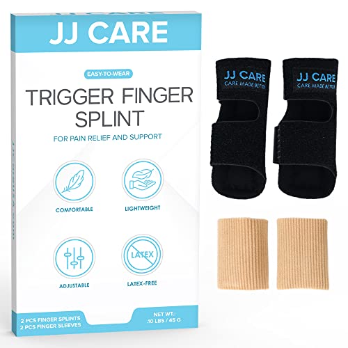 JJ CARE Trigger Finger Splint with Finger Sleeves [Pack of 2] Adjustable Finger Support, Brace, Stabilizer and Straightening | Support Arthritis Knuckle Immobilization | Fits Thumb, Index, Middle, Ring and Pinky Finger by JJ CARE