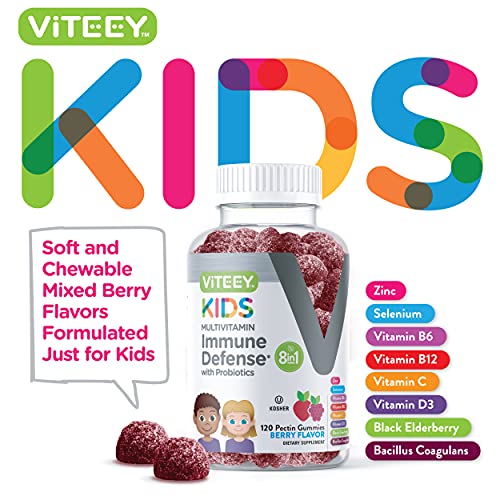 [120 Count] 8 in 1 Immune Heath Support Multivitamin Gummies & Probiotics Formulated for Kids - Vitamin C, D3, B12, B6, Zinc, Elderberry, Selenium - Dietary Supplement, Berry Flavored Chewable Gummy by Viteey