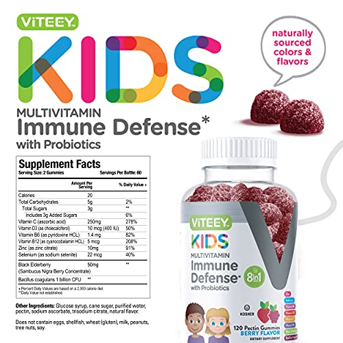 [120 Count] 8 in 1 Immune Heath Support Multivitamin Gummies & Probiotics Formulated for Kids - Vitamin C, D3, B12, B6, Zinc, Elderberry, Selenium - Dietary Supplement, Berry Flavored Chewable Gummy by Viteey