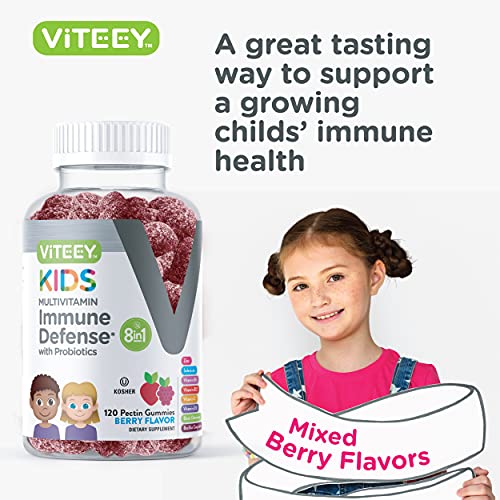 [120 Count] 8 in 1 Immune Heath Support Multivitamin Gummies & Probiotics Formulated for Kids - Vitamin C, D3, B12, B6, Zinc, Elderberry, Selenium - Dietary Supplement, Berry Flavored Chewable Gummy by Viteey