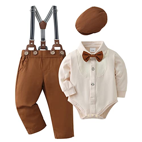 Baby Boy Clothes Gentleman Outfit Suits,Infant Tuxedo Long Sleeve Shirts + Suspender Pants + Beret Hat + Bowtie(Beige,6-12M) by YUEMION