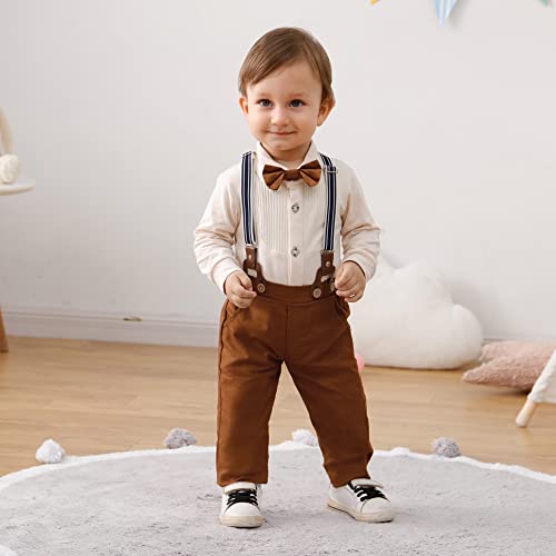 Baby Boy Clothes Gentleman Outfit Suits,Infant Tuxedo Long Sleeve Shirts + Suspender Pants + Beret Hat + Bowtie(Beige,6-12M) by YUEMION