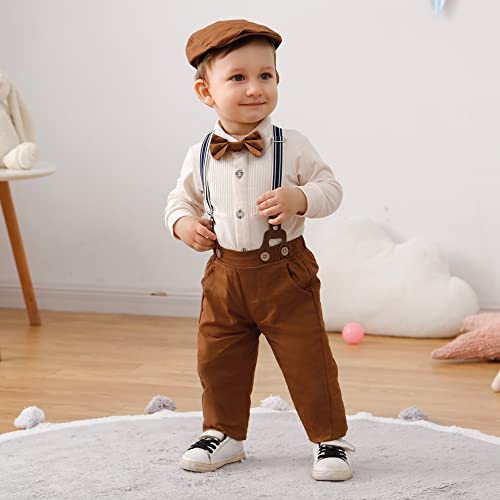 Baby Boy Clothes Gentleman Outfit Suits,Infant Tuxedo Long Sleeve Shirts + Suspender Pants + Beret Hat + Bowtie(Beige,6-12M) by YUEMION