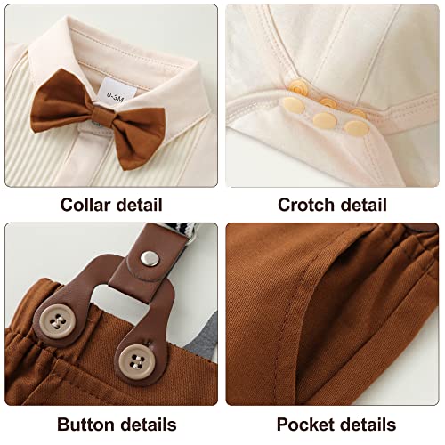 Baby Boy Clothes Gentleman Outfit Suits,Infant Tuxedo Long Sleeve Shirts + Suspender Pants + Beret Hat + Bowtie(Beige,6-12M) by YUEMION