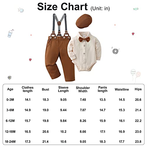 Baby Boy Clothes Gentleman Outfit Suits,Infant Tuxedo Long Sleeve Shirts + Suspender Pants + Beret Hat + Bowtie(Beige,6-12M) by YUEMION