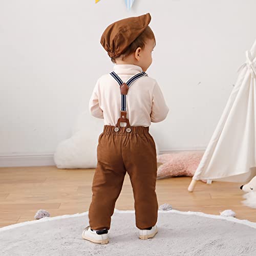 Baby Boy Clothes Gentleman Outfit Suits,Infant Tuxedo Long Sleeve Shirts + Suspender Pants + Beret Hat + Bowtie(Beige,6-12M) by YUEMION