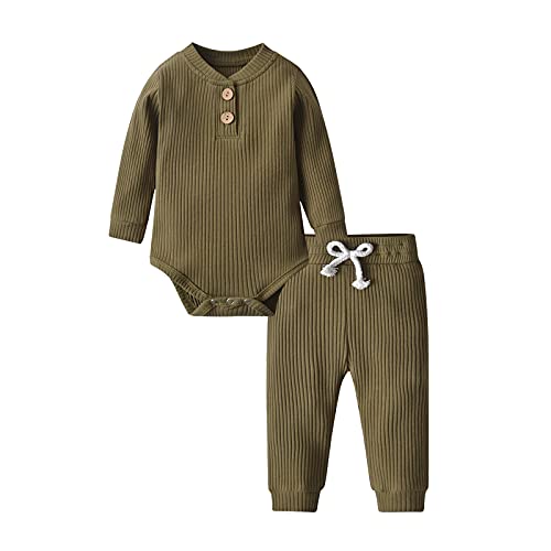 Newborn Baby Boy Girl Clothes Ribbed Cotton Long Sleeve Romper and Pants Outfits Set (Newborn) Army Green from 