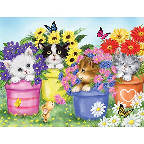 Bits and Pieces - 200 Piece Jigsaw Puzzle for Adults 15" x 19" - Cats in Flower Pots - 200 pc Kitten Colorful Bloom Butterfly Sweet Cute Garden Jigsaw by Artist Makiko from Melville Direct