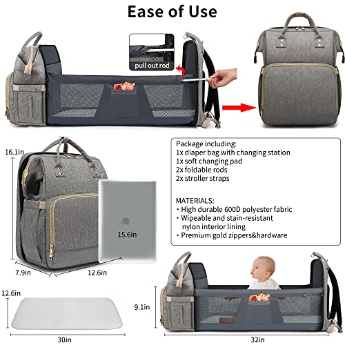 Gray Diaper Bag Backpack - Large Travel Diaper Bags for Baby Girl & Boy - Portable Changing Pad, Stroller Straps, Insulated Pockets - Waterproof - Baby Shower Gifts - 16.5x9.4x14", 30L Capacity by 