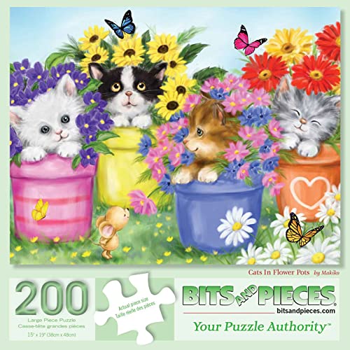Bits and Pieces - 200 Piece Jigsaw Puzzle for Adults 15" x 19" - Cats in Flower Pots - 200 pc Kitten Colorful Bloom Butterfly Sweet Cute Garden Jigsaw by Artist Makiko from Melville Direct