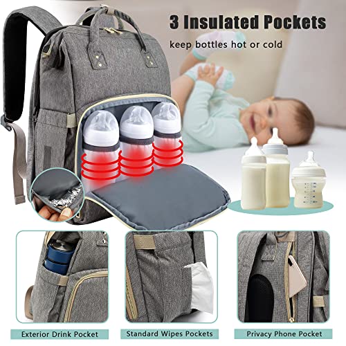 Gray Diaper Bag Backpack - Large Travel Diaper Bags for Baby Girl & Boy - Portable Changing Pad, Stroller Straps, Insulated Pockets - Waterproof - Baby Shower Gifts - 16.5x9.4x14", 30L Capacity by 