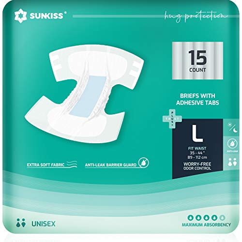 SUNKISS TrustPlus Adult Diapers with Maximum Absorbency, Disposable Incontinence Briefs with Tabs for Men and Women, Maximum Overnight Absorbency, Leak Protection, Large, 15 Count from SUNKISS HEALTHCARE (ZHEJIANG) CO., LTD.
