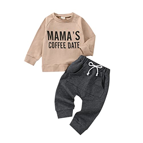 Casual Baby Boy Clothes Toddler Infant Outfits Long Sleeve Mamas Coffee Date Sweatshirt Tops with Pants 2PCS Set (Camel+Grey, 3-6 Months) from RSRZRCJ