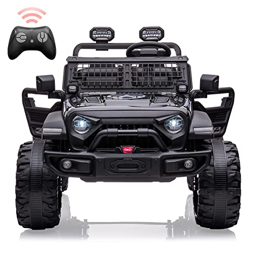 2 Seats Battery Powered Electric Truck with Remote Control, 24V Kids Ride on Toy with 20â Extra Width Seat for 3-8 Years Kids, LED Headlights, Front Storage, Bottle Holder, FM, Bluetooth, USB,Black by Chuzhou Bettyma Baby Carrier CO.,Ltd