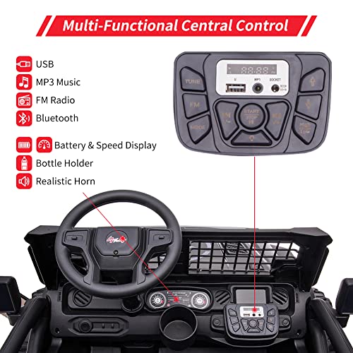 2 Seats Battery Powered Electric Truck with Remote Control, 24V Kids Ride on Toy with 20â Extra Width Seat for 3-8 Years Kids, LED Headlights, Front Storage, Bottle Holder, FM, Bluetooth, USB,Black by Chuzhou Bettyma Baby Carrier CO.,Ltd