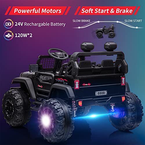 2 Seats Battery Powered Electric Truck with Remote Control, 24V Kids Ride on Toy with 20â Extra Width Seat for 3-8 Years Kids, LED Headlights, Front Storage, Bottle Holder, FM, Bluetooth, USB,Black by Chuzhou Bettyma Baby Carrier CO.,Ltd