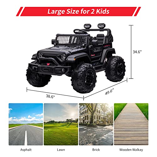2 Seats Battery Powered Electric Truck with Remote Control, 24V Kids Ride on Toy with 20â Extra Width Seat for 3-8 Years Kids, LED Headlights, Front Storage, Bottle Holder, FM, Bluetooth, USB,Black by Chuzhou Bettyma Baby Carrier CO.,Ltd
