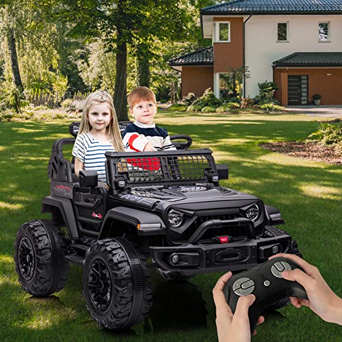 2 Seats Battery Powered Electric Truck with Remote Control, 24V Kids Ride on Toy with 20â Extra Width Seat for 3-8 Years Kids, LED Headlights, Front Storage, Bottle Holder, FM, Bluetooth, USB,Black by Chuzhou Bettyma Baby Carrier CO.,Ltd
