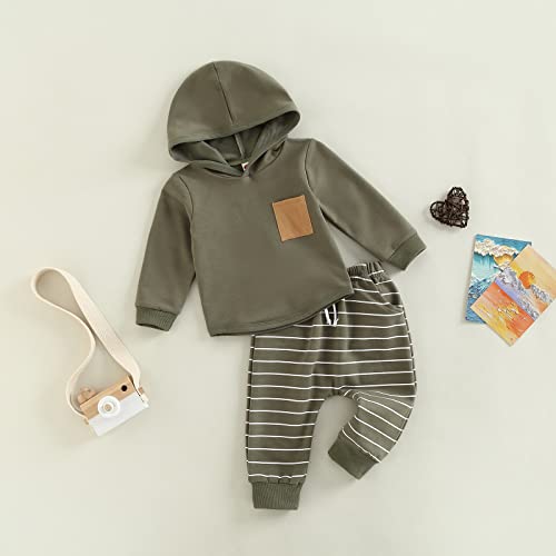 Baby Boys Clothes 3 6 9 12 18 24M 3T Pants Set Hooded Patchwork Hoodie Striped Sweatpants Fall Winter Outfit (Army Green, 0-6 Months) from MA&BABY