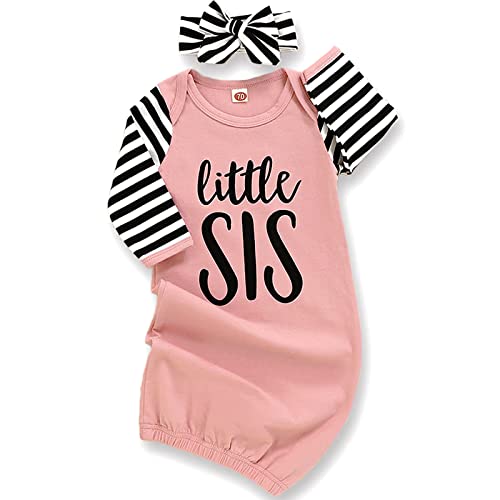 AMAWMW Newborn Baby Girl Little Sister Sleeper Gown Stripe Long Sleeve Nightgown Outfit (Pink, 0-6 Months) by AMAWMW