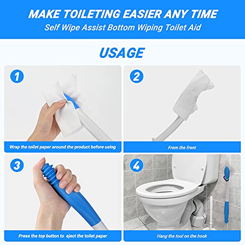 Foldable Toilet Aids for Wiping, Jhua 15.7" Long Reach Comfort Wipe Bottom Grips with Hook, Toilet Paper Aids Tools Tissue Grip Self Wipe Assist Holder, Blue by Jhua