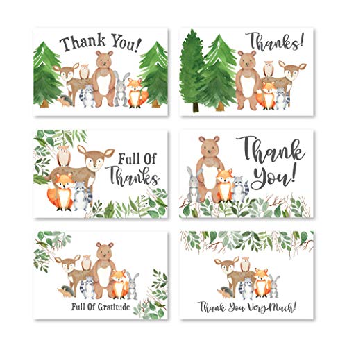 24 Woodland Thank You Cards With Envelopes, Kids or Baby Shower Thank You Note, Rustic Animal Deer or Fox, 4x6 Varied Gratitude Pack For Party, Birthday Boy or Girl Children, Appreciation Stationery from Hadley Designs